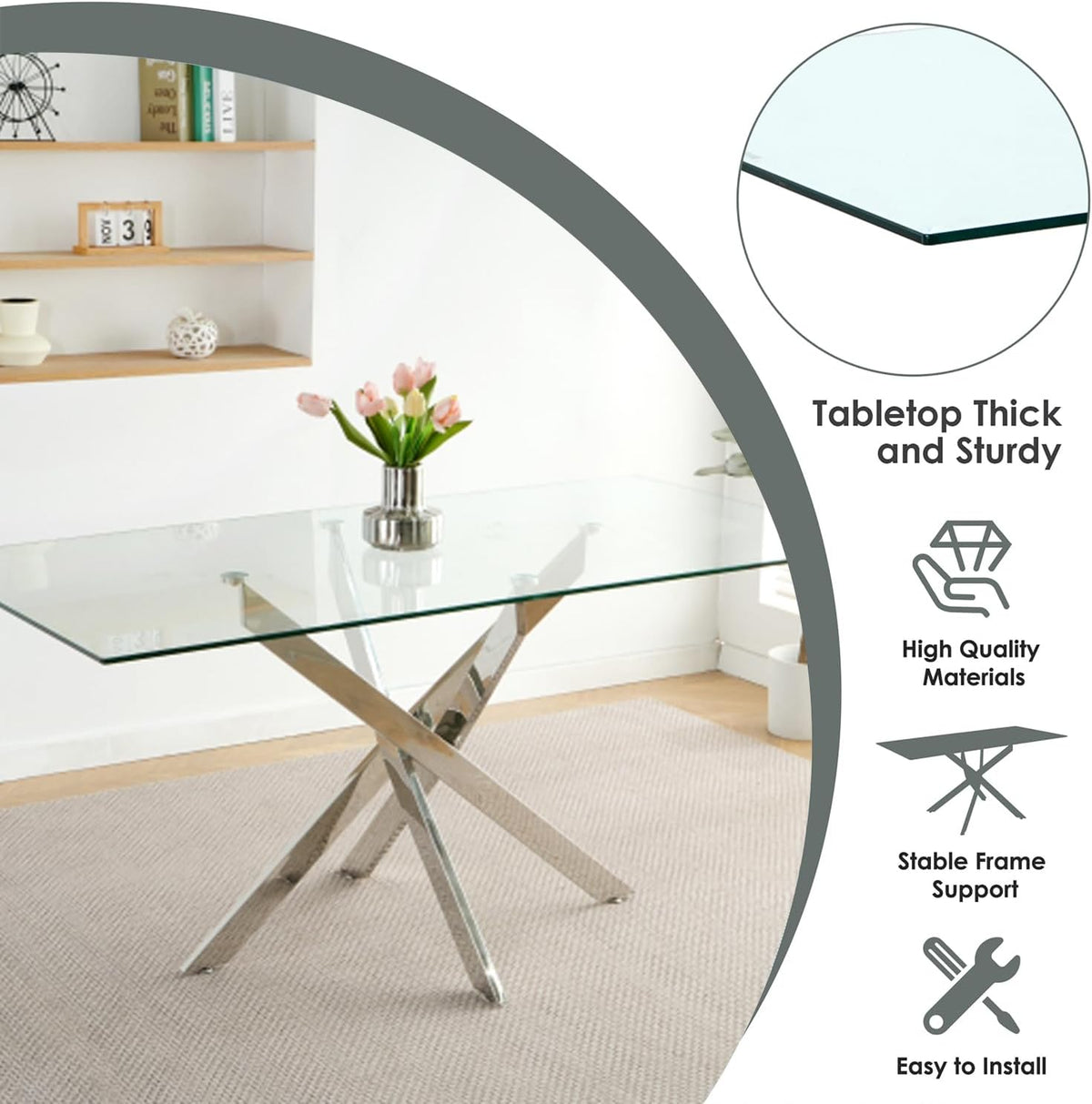 Modern 63 Inch Glass Dining Table Set for 6, 7 PCS Kitchen Table Set, Clear Tempered Glass Dinner Table with Silver Chrome Legs & Gray Upholstered PU Faux Leather Dining Chairs for Home, Dining Room