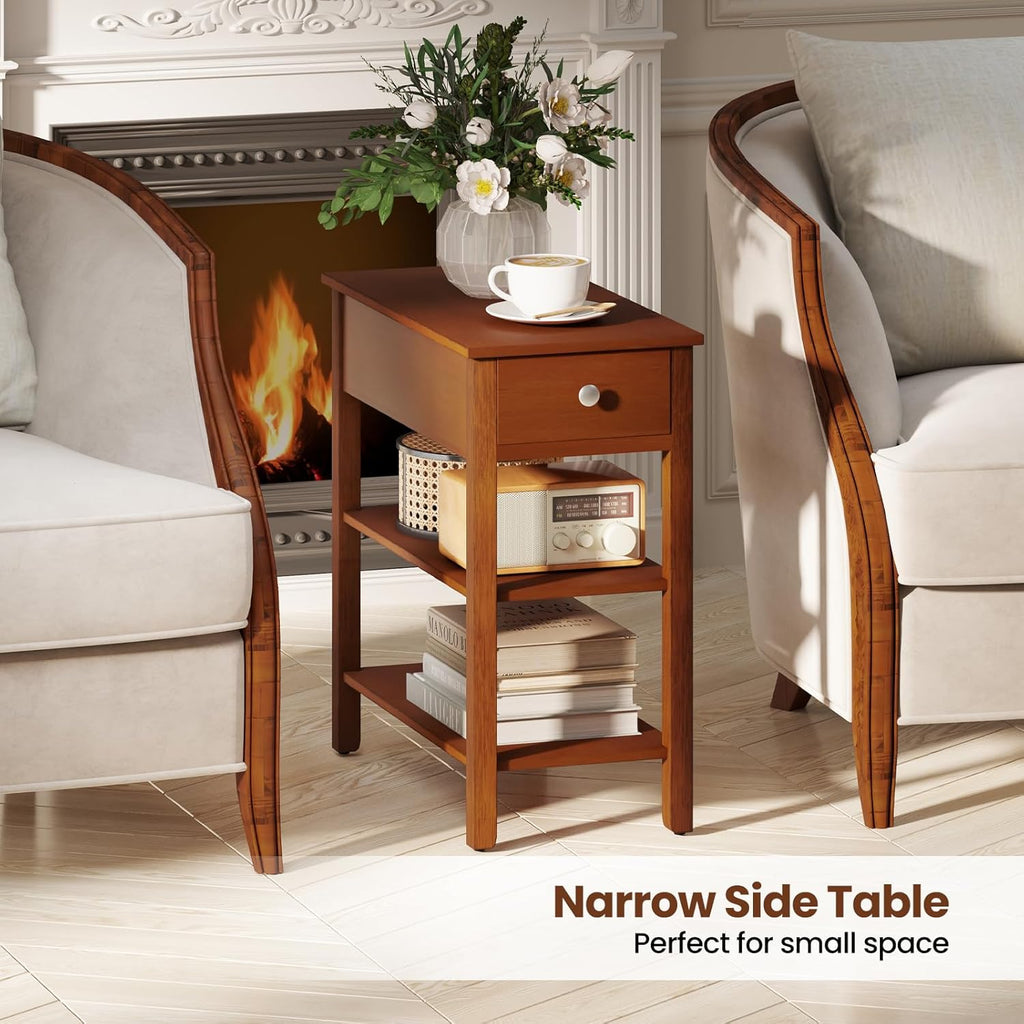 Giantex Narrow End Table, Farmhouse Side Tables with Drawer & Storage Shelves, Wood Sofa Side Tables, 3-Tier Nightstands for Small Space, Living Room, Bedroom, 23.5" L x 12" W x 24.5" H, Brown