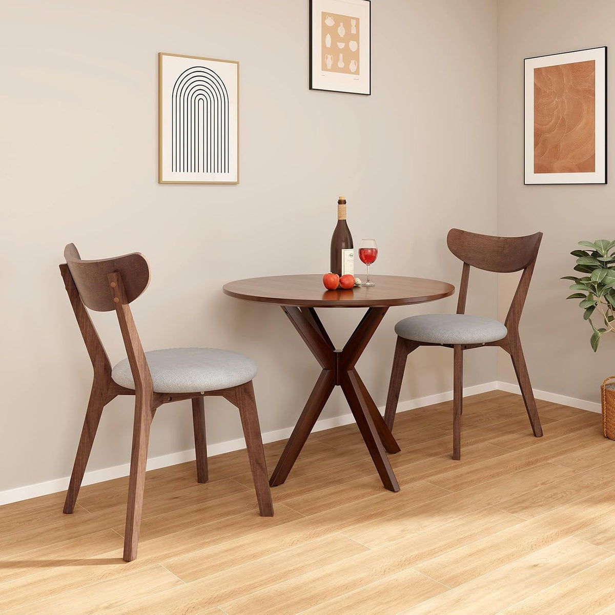 ERGOMASTER 3-Piece Dining Table Set for 2, 36" Kitchen Round Table with 2 Chairs, Rubber Wood Legs, Brown