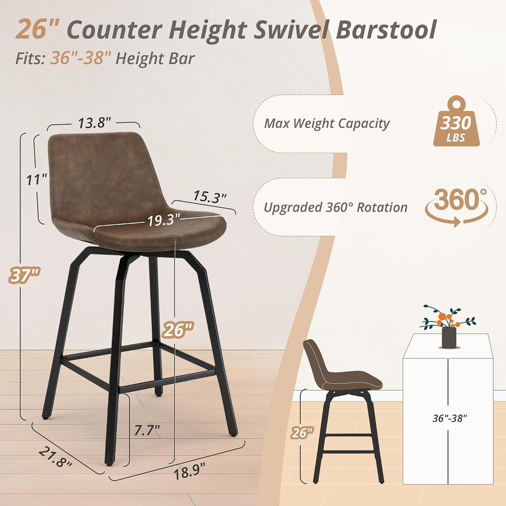 LUE BONA 360° Swivel Bar Stools Set of 3, 26 Inch Counter Height Bar Stools, Modern Faux Leather Stools with Enlarged Seats, Metal Legs for Kitchen Island, Dining, Vintage Brown