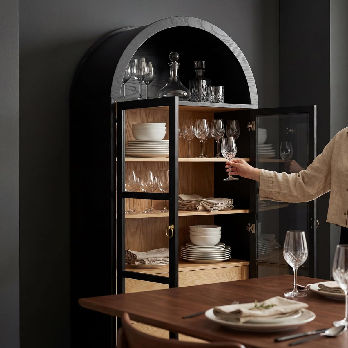 YESHOMY Kitchen Pantry Cabinet, 71" Arched Storage Cabinets Tall Pantry, Bookshelf, with Large Drawers, Shelves and Glass Doors, Farmhouse Cupboard, for Living Room, Dining Room(Textured Black)
