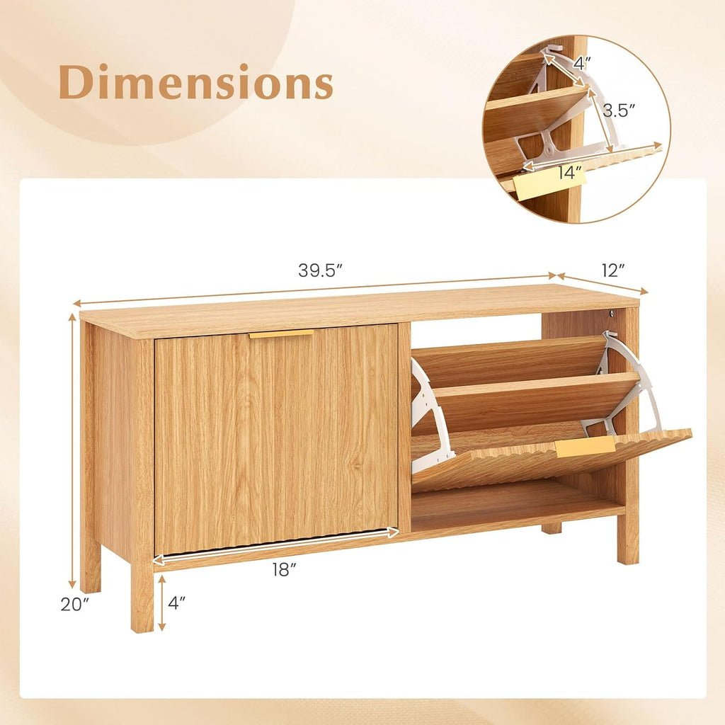 Giantex Shoe Storage Bench with 2 Flip Drawers, Wooden Entryway Bench with Storage, Fluted Doors, Adjustable Shelves, Hidden Shoe Cabinet for Entry Way, Hallway, Foyer, Living Room (Natural+Gold)