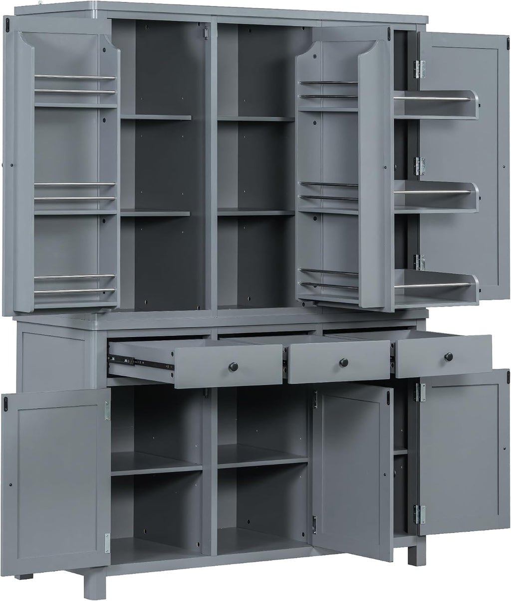 Pantry Storage Cabinet with Door Shelves and Drawers, Freestanding Tall Cupboard with Adjustable Shelves and Pull-Out Trays (Gray)