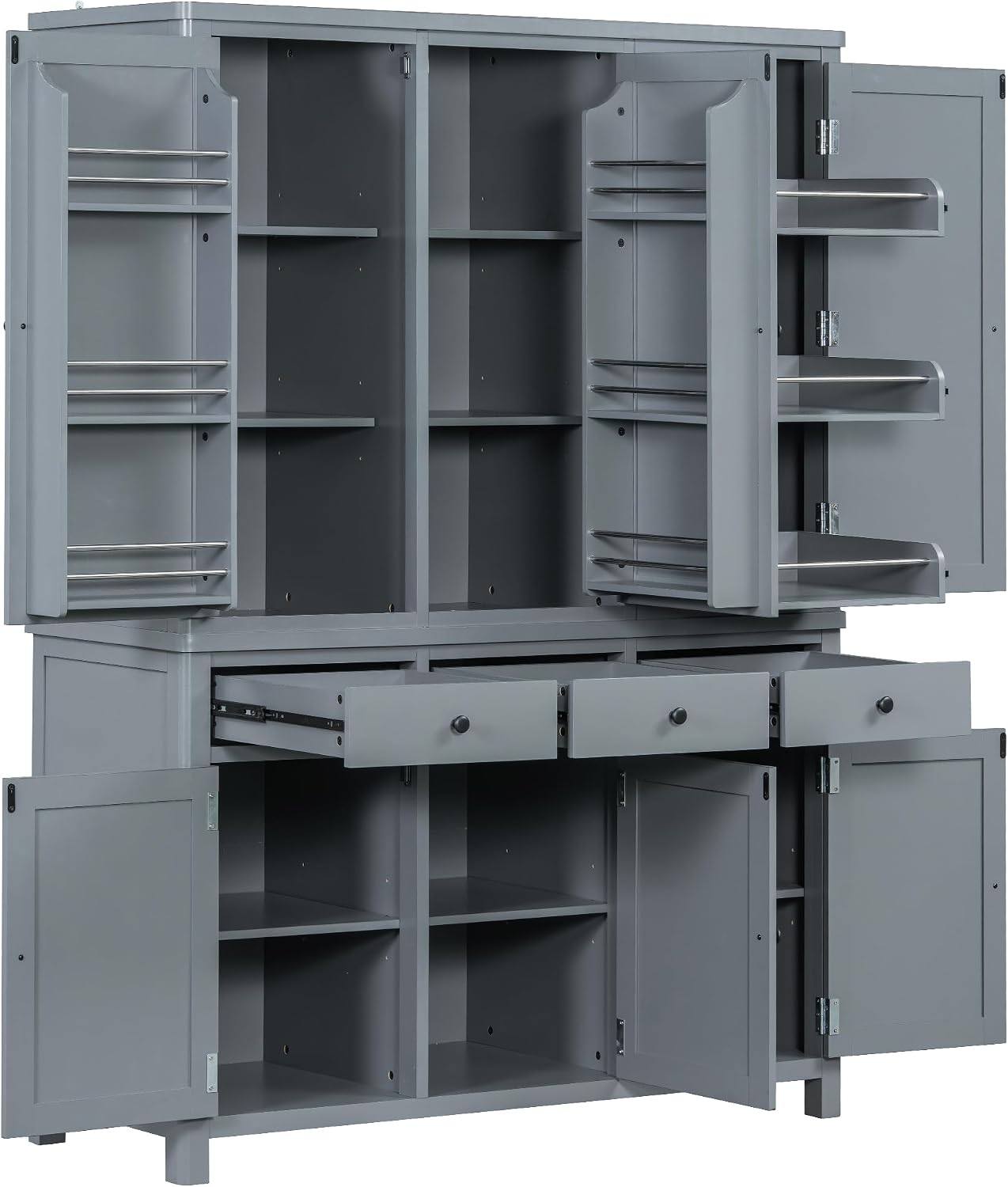 Pantry Storage Cabinet with Door Shelves and Drawers, Freestanding Tall Cupboard with Adjustable Shelves and Pull-Out Trays (Gray)