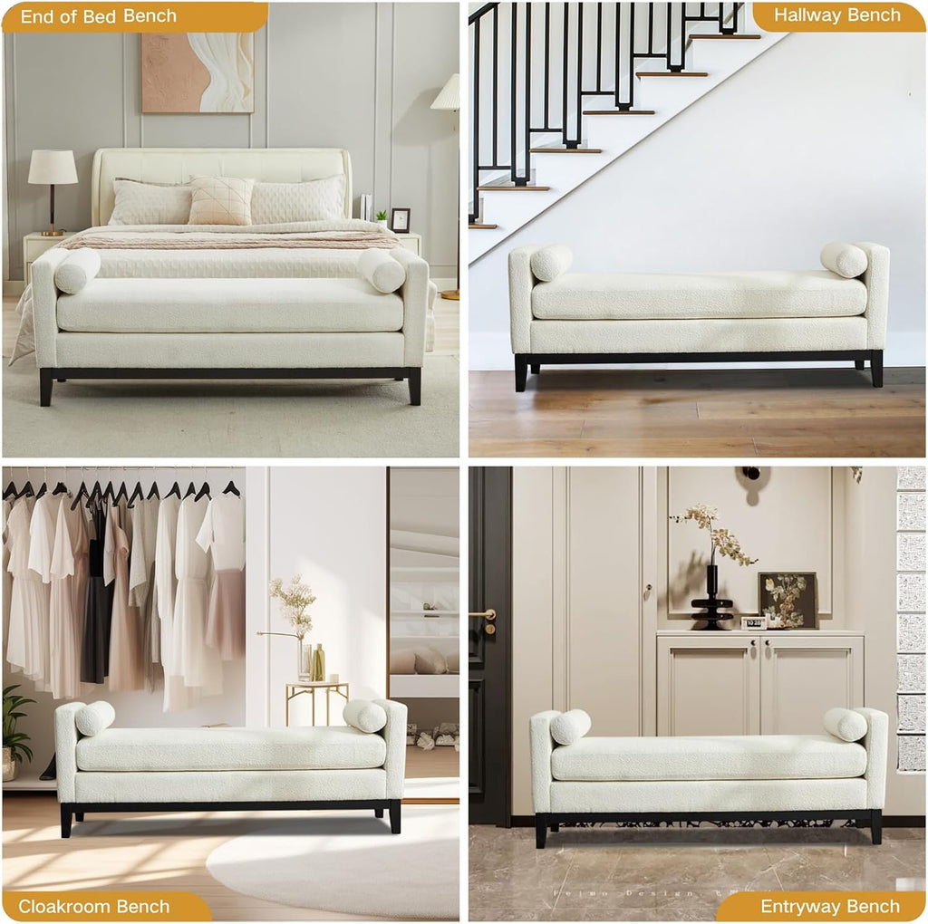 End of Bed Bench for Bedroom, 66.34'' Boucle Fabric Long King Size Bench with Black Legs for Entryway, Hallway, Cloakroom, Window Bench (White).