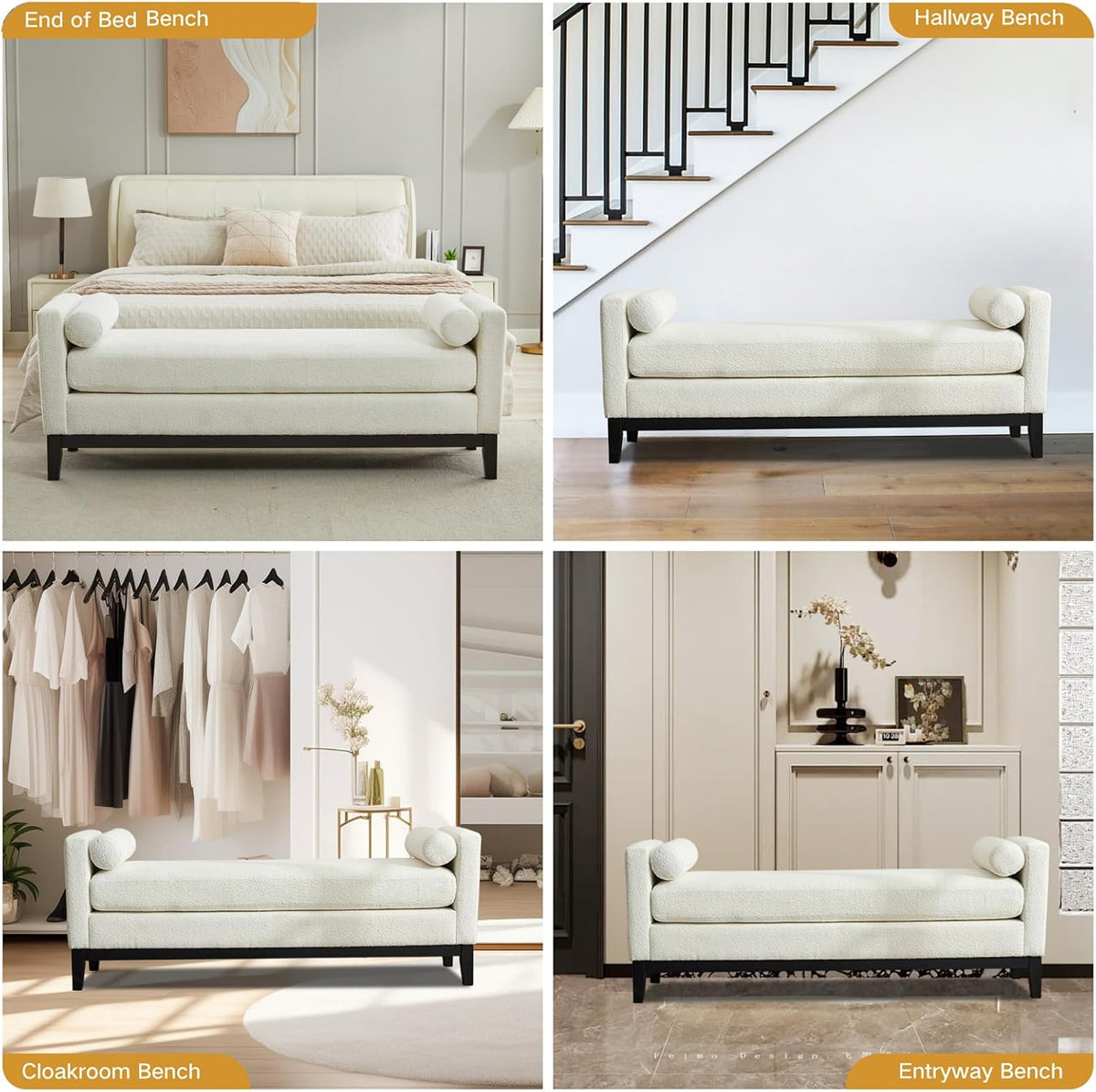 End of Bed Bench for Bedroom, 66.34'' Boucle Fabric Long King Size Bench with Black Legs for Entryway, Hallway, Cloakroom, Window Bench (White).