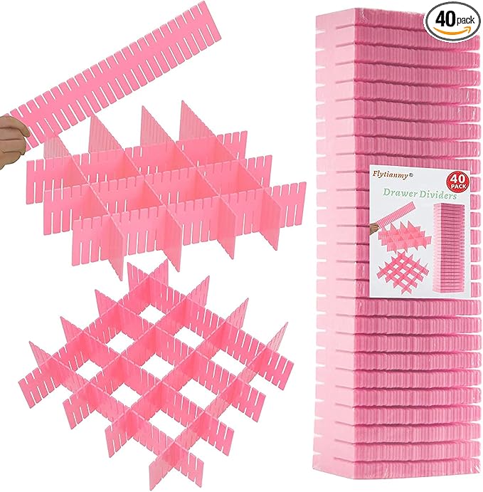 40Pcs Drawer Dividers, Adjustable Drawer Organizer for Socks, Underwear, Makeup, Can Help Tidy Kitchen, Bedroom, Dresser Pink