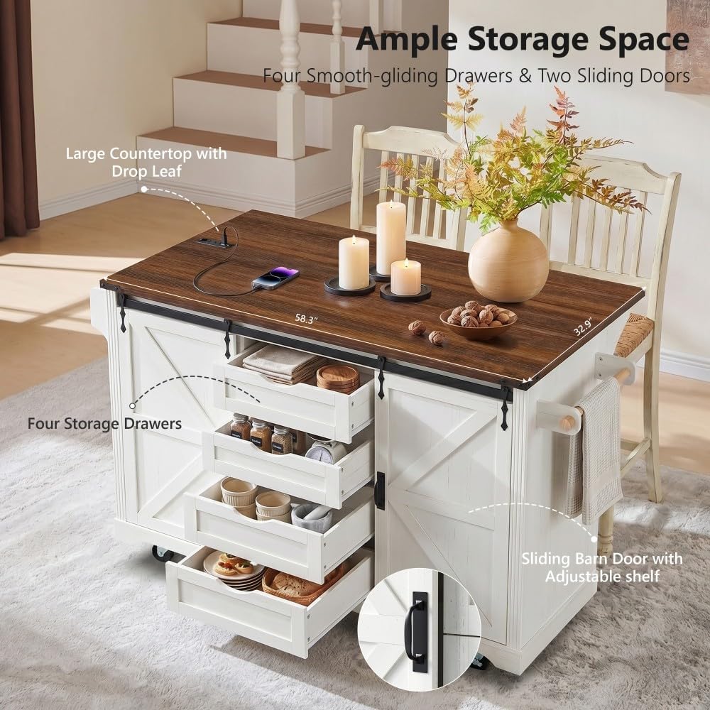 Merax 72" L White Rolling Kitchen Island with Fridge Storage Space | Coffee Bar Cabinet Kitchen Table on Wheels with Drop Leaf, 4 Drawers, Sliding Barn Door and Glass Holder