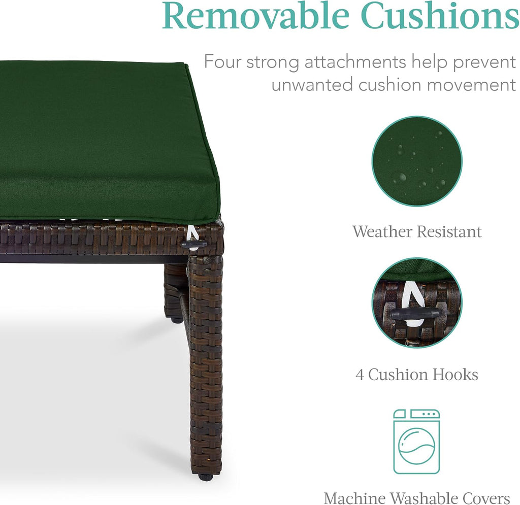 Best Choice Products Set of 2 Wicker Ottomans, Multipurpose Outdoor Furniture for Patio, Backyard, Additional Seating, Footrest, Side Table w/Removable Cushions, Steel Frame - Midnight Green/Brown