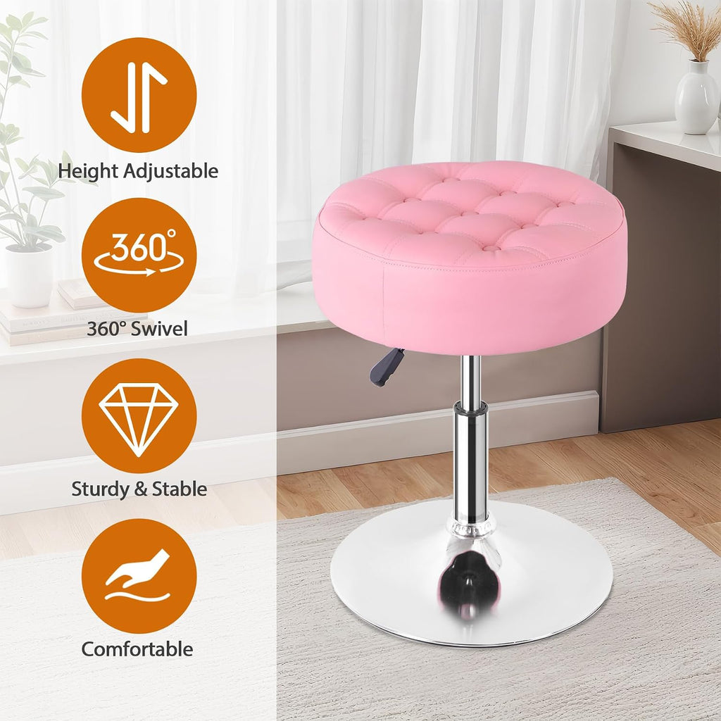 Nova Microdermabrasion Vanity Chair Stool Modern Tufted Round Ottoman Stool Swivel Makeup Chair for Bathroom Bedroom Living Room (Pink)