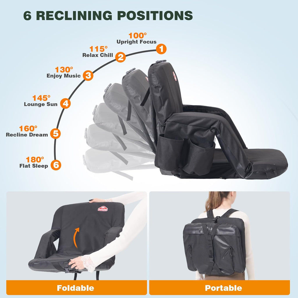 SUNNYFEEL Stadium Seat with Back Support, 4.7" Thick Cushion, 6 Reclining Positions Bleacher Chair with Shoulder Straps, Armrests & Storage Pockets, Non-Slip Strap, Portable for Sports Camping