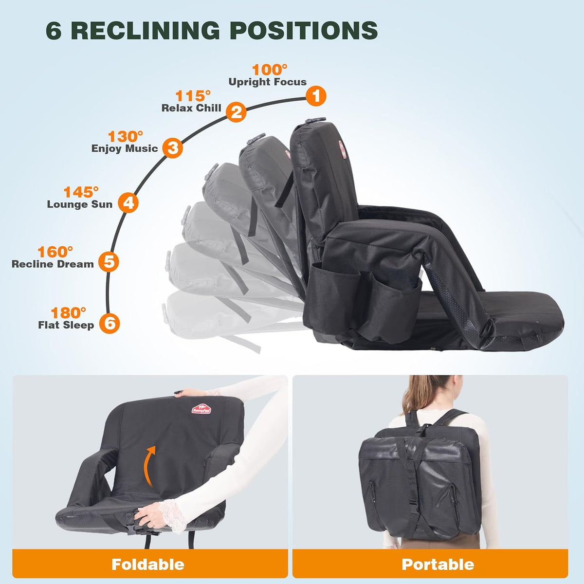 SUNNYFEEL Stadium Seat with Back Support, 4.7" Thick Cushion, 6 Reclining Positions Bleacher Chair with Shoulder Straps, Armrests & Storage Pockets, Non-Slip Strap, Portable for Sports Camping