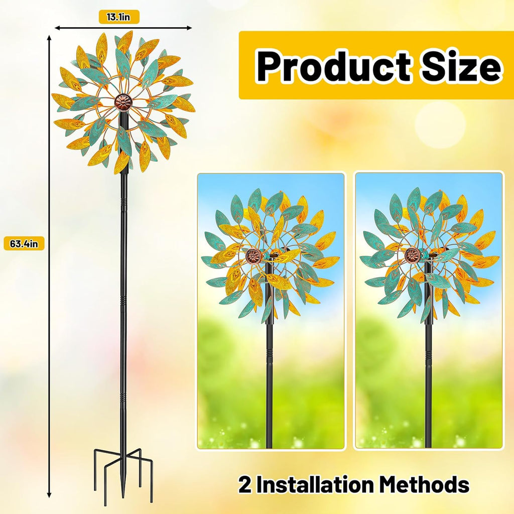 Metal Wind Spinners Outdoor, Kinetic Garden Wndmills,Yard Art Windmill with Metal Stake,Vintage Wind Sculptures & Spinners,Waterproof Pinwheels Large Wind Mill for Patio Lawn Yard Garden (Yellow+Blue)