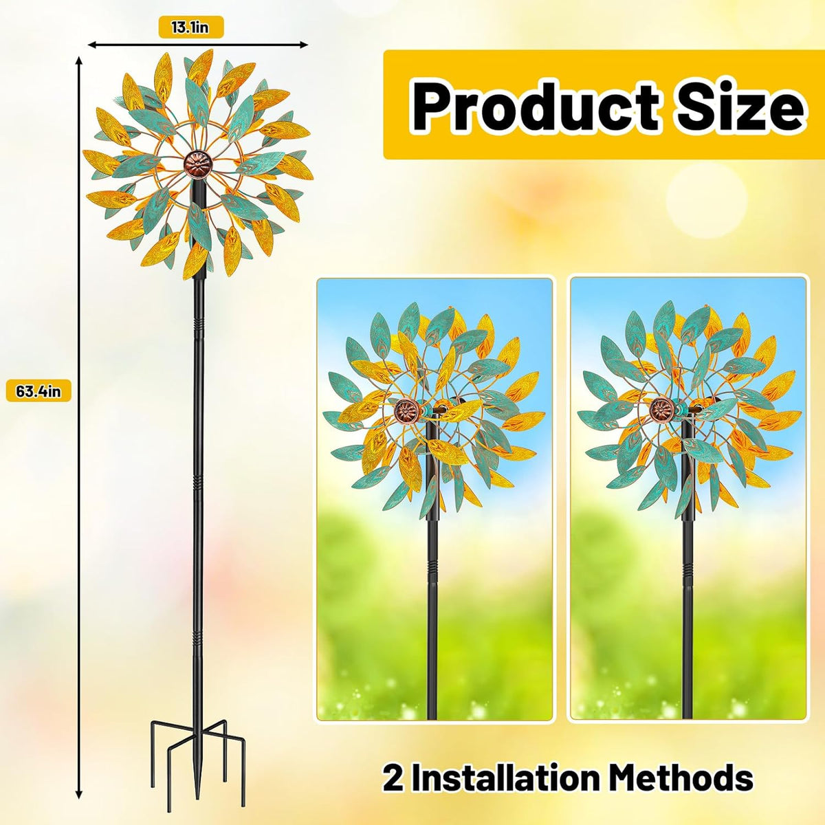 Metal Wind Spinners Outdoor, Kinetic Garden Wndmills,Yard Art Windmill with Metal Stake,Vintage Wind Sculptures & Spinners,Waterproof Pinwheels Large Wind Mill for Patio Lawn Yard Garden (Yellow+Blue)