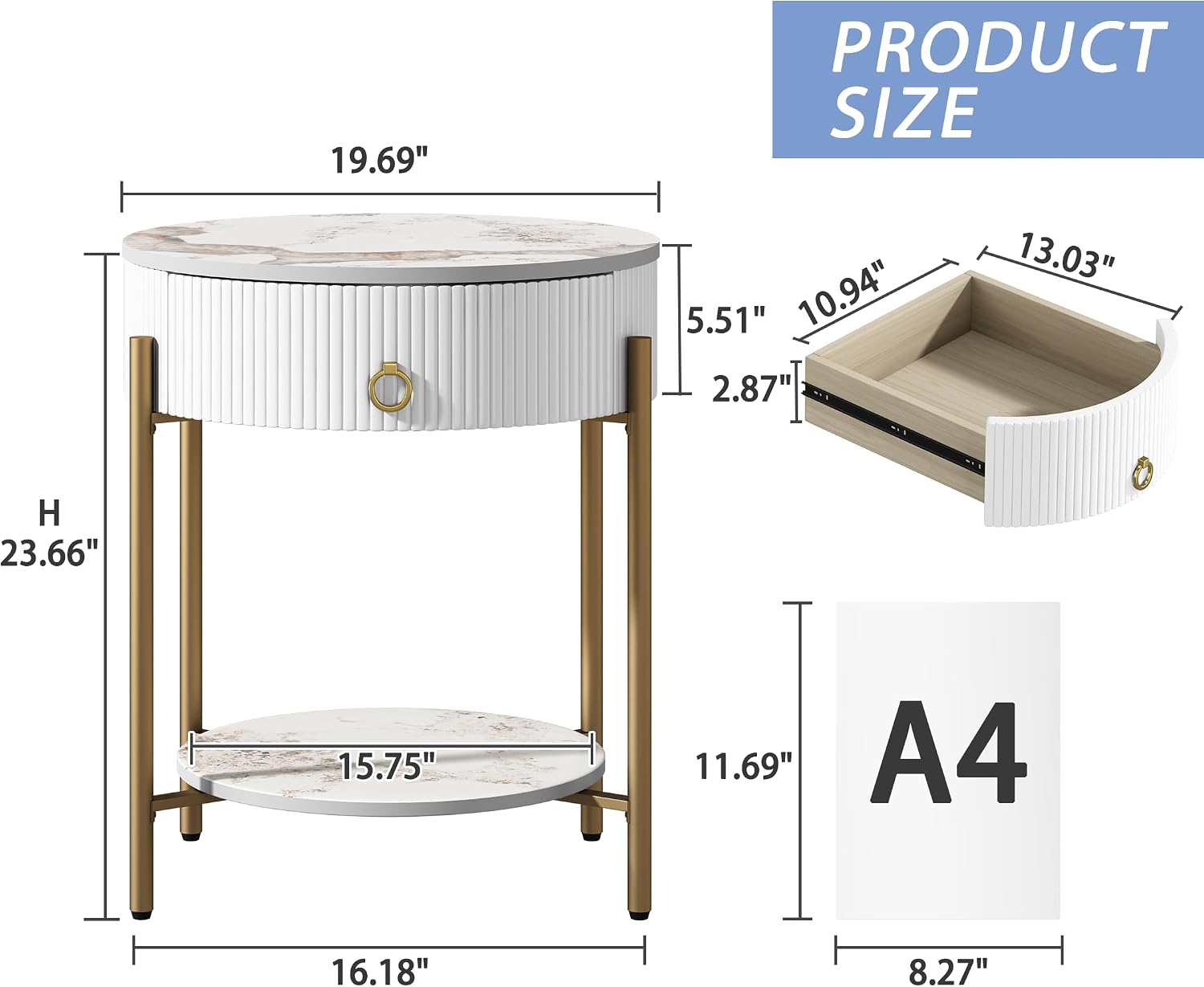 OIOG Round End Table, Nightstand with Storage, Marbling Natural Stone/Gold