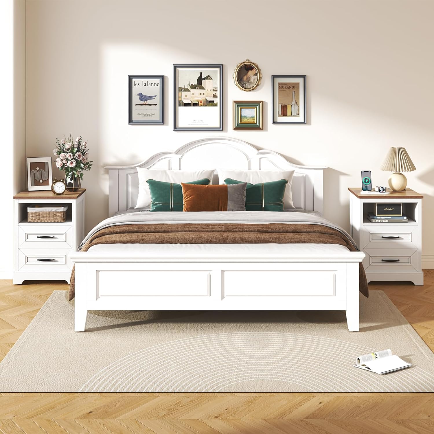 Farmhouse Nightstand with Charging Station, Wood Night Stand with Drawers, Bedside Table, Nightstands with Open Storage Shelf, Rustic Night Stands for Bedroom, Closet, 18" Wide, 24" Tall