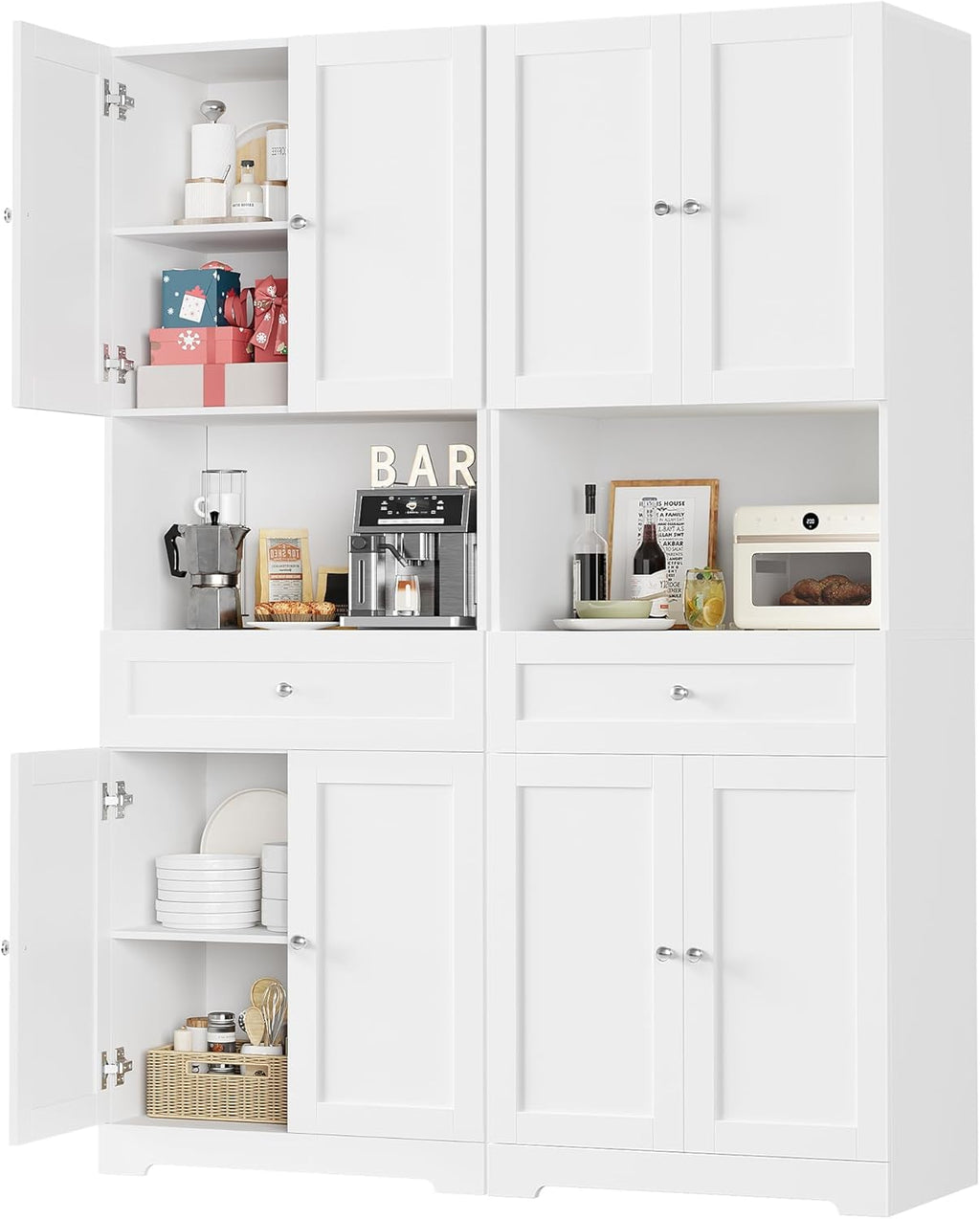 Set of 2 Tall Kitchen Pantry Storage Cabinet with Doors and Shelves, White | Modern Kitchen Hutch Cabinet with Storage Drawer & Bar Cabinet, 67” Cupboard Furniture Set for Kitchen and Dining Living Room
