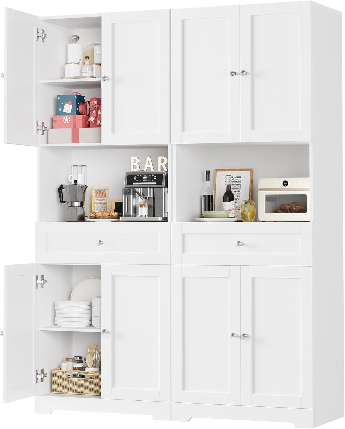 Set of 2 Tall Kitchen Pantry Storage Cabinet with Doors and Shelves, White | Modern Kitchen Hutch Cabinet with Storage Drawer & Bar Cabinet, 67” Cupboard Furniture Set for Kitchen and Dining Living Room