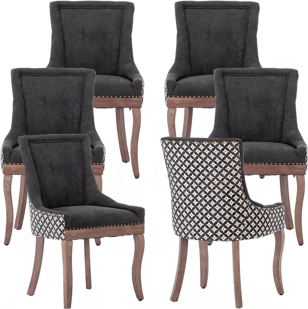 Modern Dining Chairs Set of 6, Fabric Upholstered High Back Chairs with Nailhead Trim and Curved Solid Wood Legs, Sillas de Comedor Accent Chairs for Dining Room, Black & Patterned
