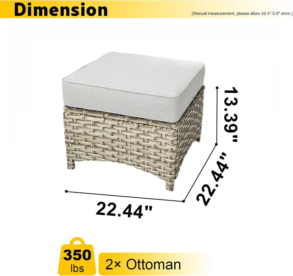 HOOOWOOO 2 Piece Patio Ottoman Set,Outdoor Wicker Ottomans,All Weather Resistant Rattan Deck Ottoman Matching Furniture(Beige Tan)