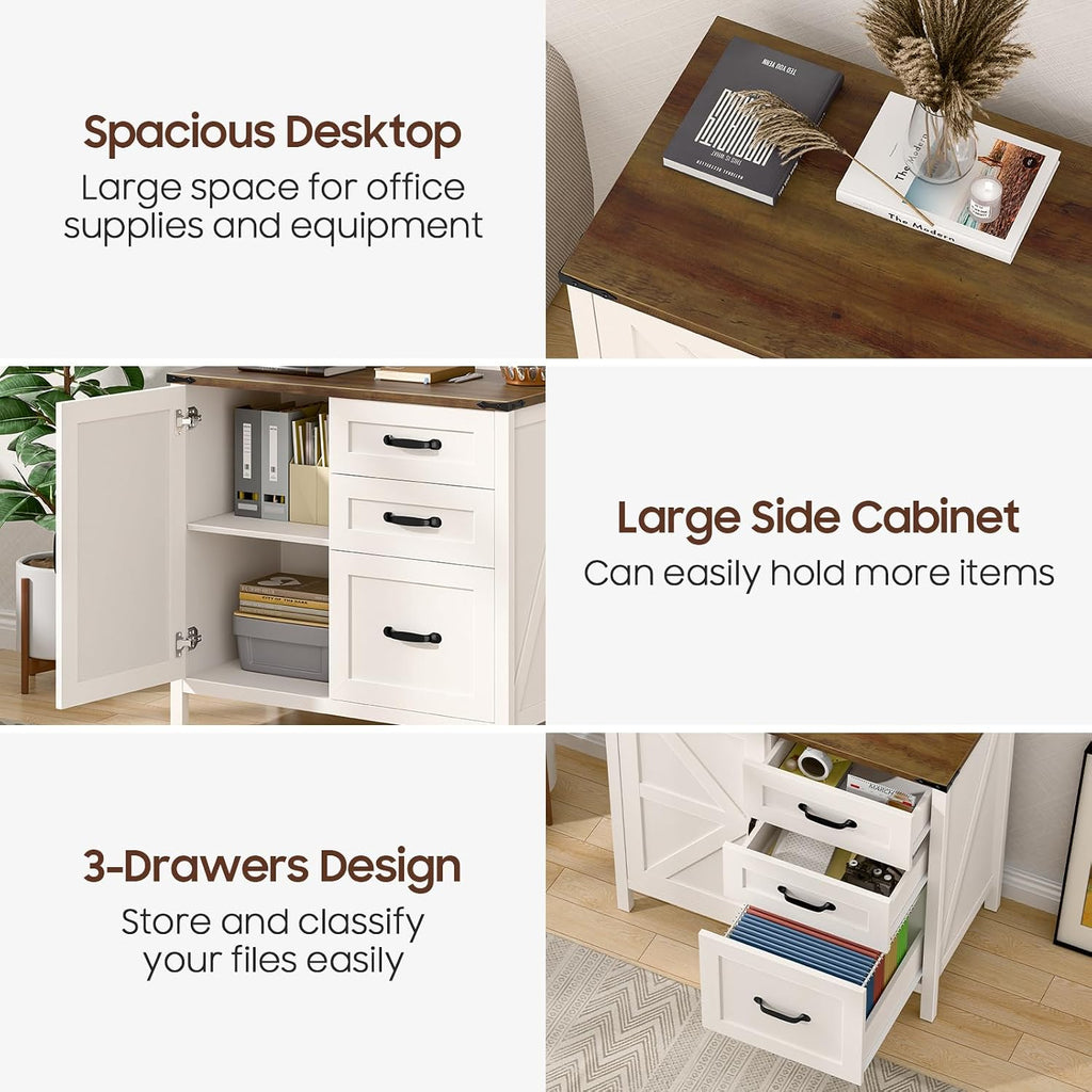 Befrases File Cabinet 3 Drawers Lateral File Cabinet with Adjustable Shelf for Letter/A4 Size Hanging Files, Large Wood File Storage Cabinets Printer Stand for Home Office, Rustic White