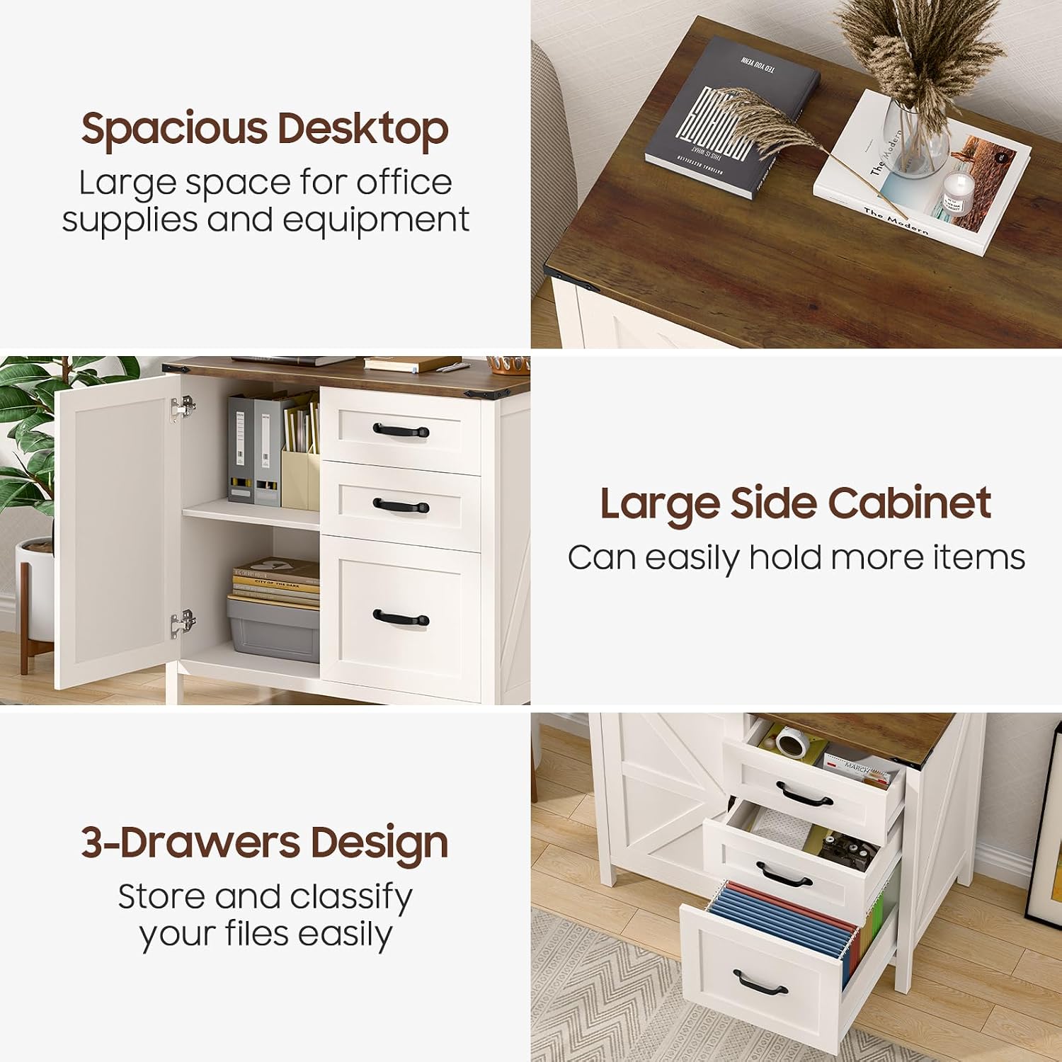 Befrases File Cabinet 3 Drawers Lateral File Cabinet with Adjustable Shelf for Letter/A4 Size Hanging Files, Large Wood File Storage Cabinets Printer Stand for Home Office, Rustic White