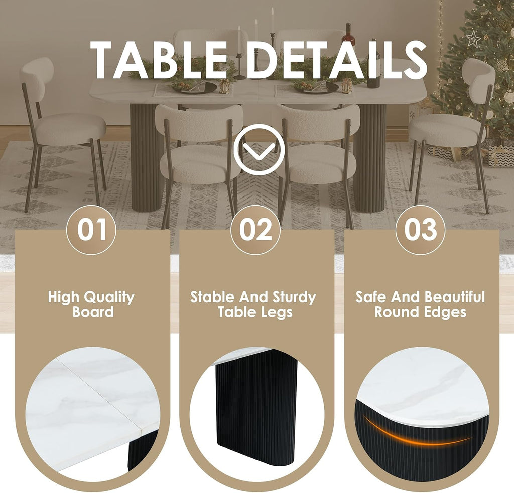 RGZ Modern Oval Dining Table Set for 4,71" Faux Marble Kitchen Table with Ripple Legs & 4 White Black Boucle Dining Chairs, Dinner Table and Chair for Dining Room, Home, Apartment