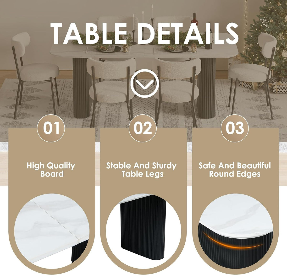 RGZ Modern Oval Dining Table Set for 4,71" Faux Marble Kitchen Table with Ripple Legs & 4 White Black Boucle Dining Chairs, Dinner Table and Chair for Dining Room, Home, Apartment
