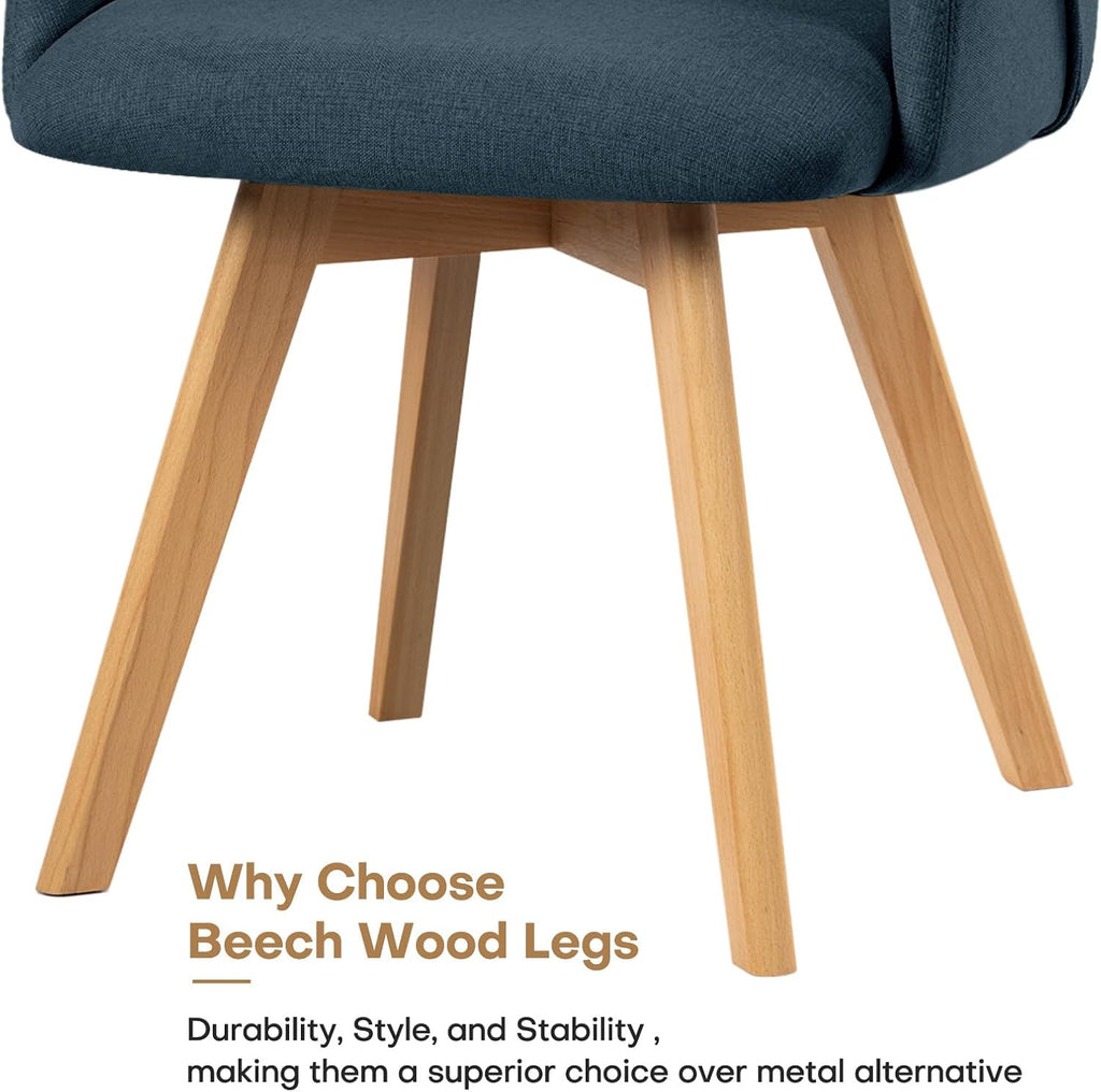 Swivel Dining Chairs Set of 2, Mid Century Modern Dining Chairs with Arms and Wood Legs, Linen Fabric Upholstered Kitchen Chairs for Dining Room Living Room, Comfortable Widen Seat, Blue