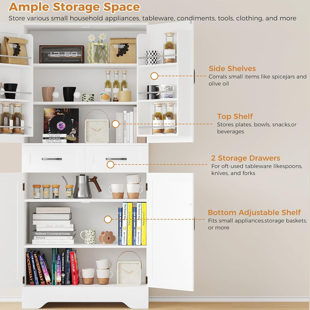 71" Tall Kitchen Pantry Cabinet, Pantry Organizers and Storage Cabinet, Kitchen Storage Cabinets with Doors, Side Storage, 2 Drawer, Adjustable Shelves for Laundry, Bathroom, Garage, White, UXZSG001W