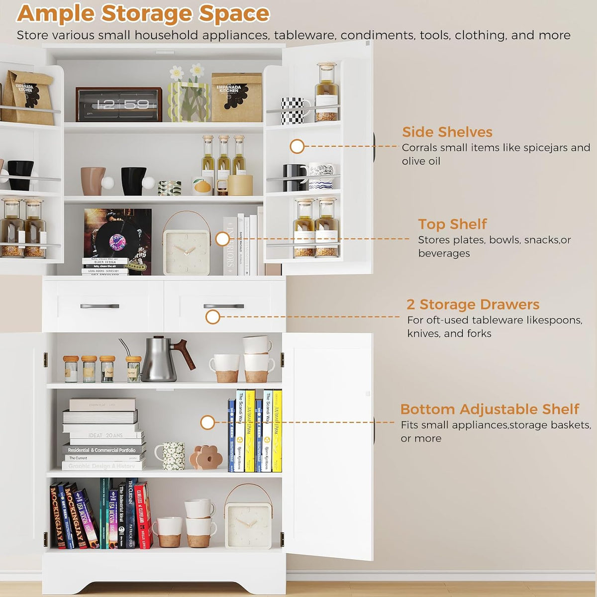 71" Tall Kitchen Pantry Cabinet, Pantry Organizers and Storage Cabinet, Kitchen Storage Cabinets with Doors, Side Storage, 2 Drawer, Adjustable Shelves for Laundry, Bathroom, Garage, White, UXZSG001W