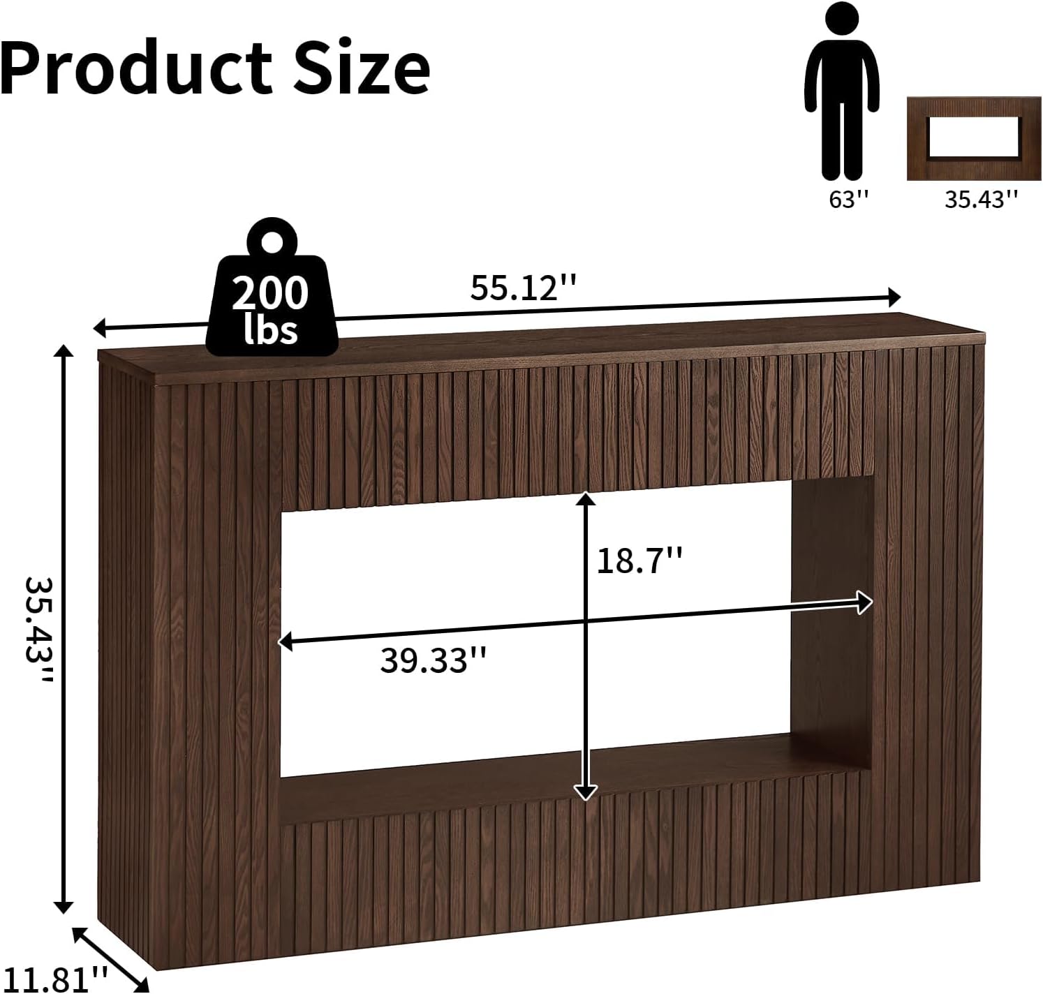 LKTART 55.12" Console Table for Entryway, Narrow Long Solid Wood Veneer Fluted Entryway Table Sofa Table Behind Couch Tables with 2-Tier Storage Shelves for Hallway, Living Room, Foyer, Walnut