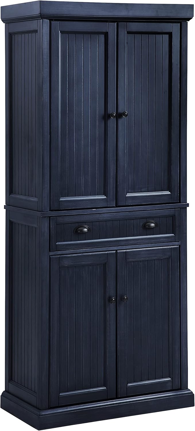 Crosley Furniture Seaside Coastal Pantry Storage Cabinet with Shelves, Kitchen, Dining, or Laundry Room, Distressed Navy