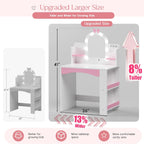 MU Kids Vanity with Lights, Princess Makeup Vanity Table and Chair Set for Girls, Toddler Vanity Desk with Open Bookshelf, Storage Cabinet & Shelves, Stools, White