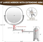 9" Wall Mounted Lighted Makeup Mirror, 3000mAh Rechargeable Double Sided 1X/10X Magnifying Mirror with Hook, 3 Color Lights Dimmable 360° Rotation Vanity Mirror for Bathroom