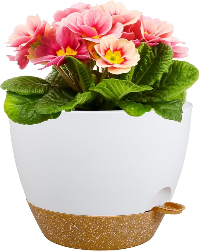 12 inch Large Self Watering Pots for Indoor Outdoor Plants, Plant Pots with Mesh Drainage Holes for Garden House Plants, Plastic Planters with Reservoir for Flower Plants, White with Brown