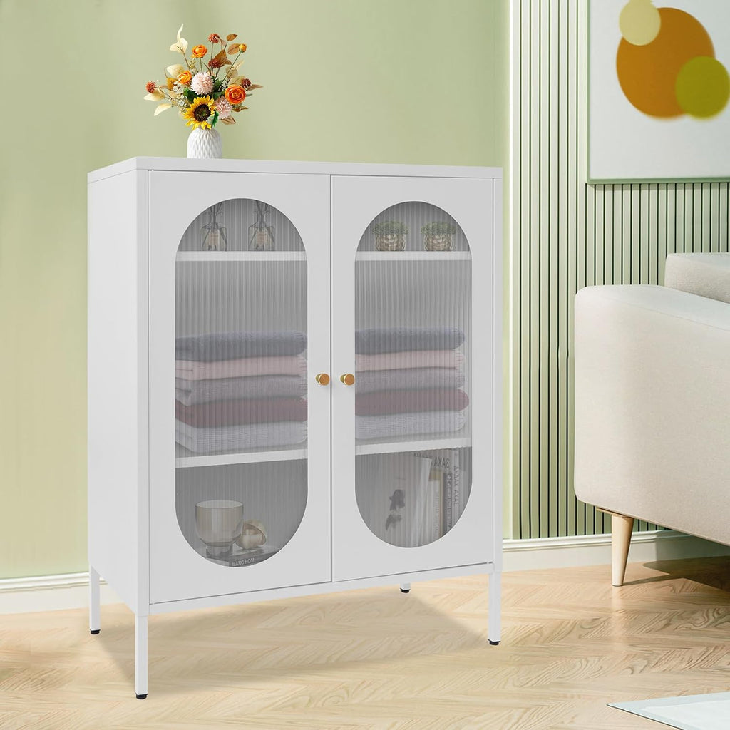 Accent Cabinet with Glass Doors – 3 Tier Storage, Modern Coffee Bar Station Pantry Cupboard Accent Cabinet for Kitchen Living Room Bedroom Bathroom, 31.5"x15.8"x40"(Creamy White)