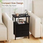 LOAKEKEL Night Stand, Small Nightstand with Charging Station | Bedside Table with 2 Fabric Drawers, End Table Living Room, Side Table with USB & Type-C Ports for Bedroom, Black