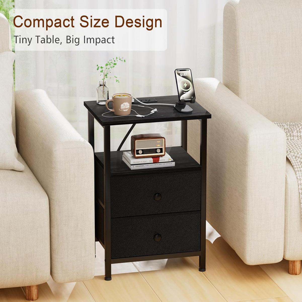 LOAKEKEL Night Stand, Small Nightstand with Charging Station | Bedside Table with 2 Fabric Drawers, End Table Living Room, Side Table with USB & Type-C Ports for Bedroom, Black