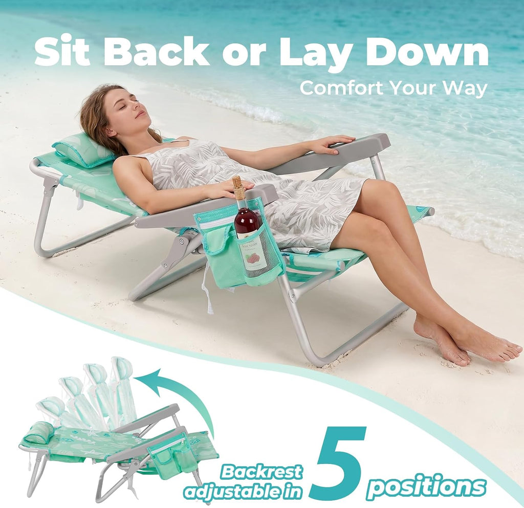 Low Beach Chairs for Adults - 5-Position Lay-Flat Backpack Chair with Large Insulated Cooler & Storage Pocket, Aluminum Frame, Portable for Travel & Outdoor, Supports 300lbs, Ocean Mint