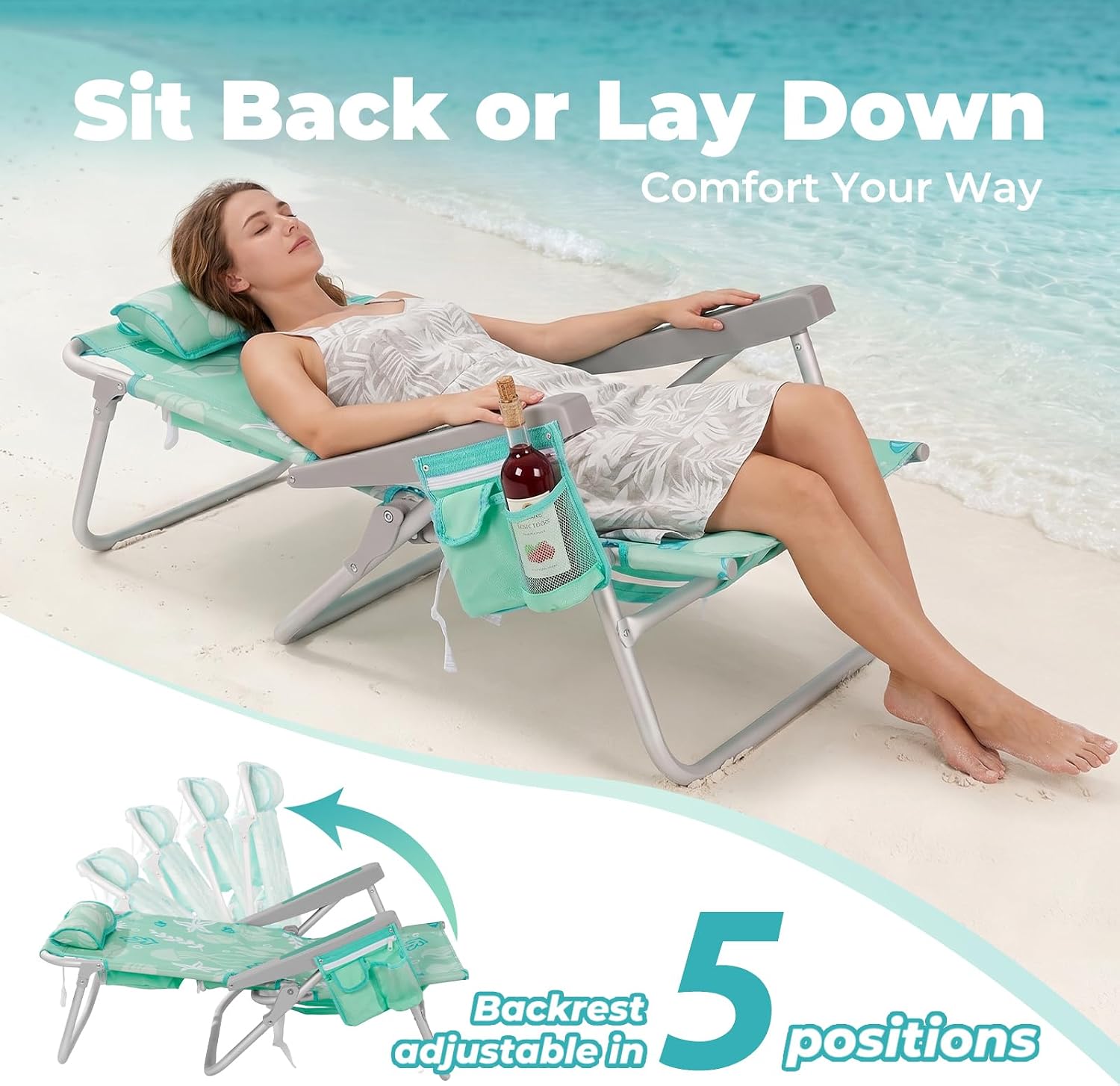 Low Beach Chairs for Adults - 5-Position Lay-Flat Backpack Chair with Large Insulated Cooler & Storage Pocket, Aluminum Frame, Portable for Travel & Outdoor, Supports 300lbs, Ocean Mint