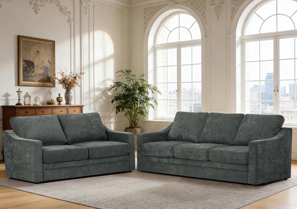 2 Pieces Chenille Sofa Set w/Soft Back Cushion, Grey | Modern 2 Seat & 3 Seats Couch Set w/Deep Seat Space, Upholstered Love Seat & Sofa w/High Density Foam for Living Room