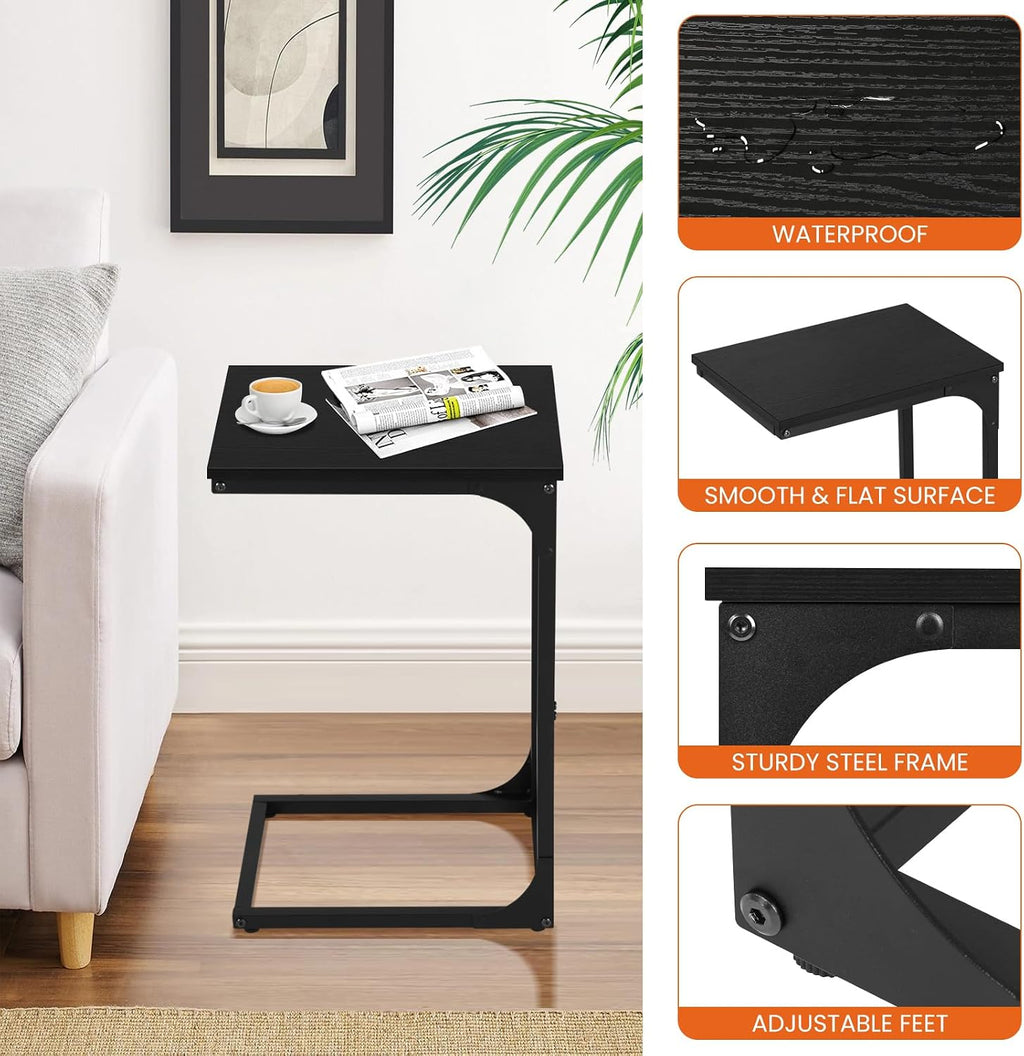 BLKMTY Small Side Table, C-Shaped End Wood Bedside Table, Snack Side Tables for Sofa, Couch, Living Room, Bedroom, Narrow Tables with Metal Frame & Adjustable Feet, Black