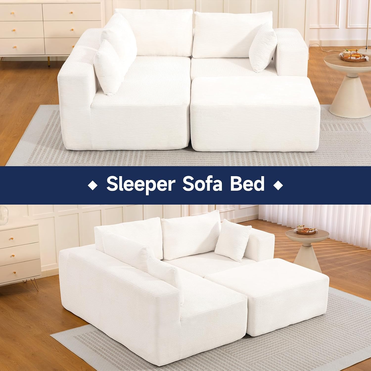 108" Cloud Couch Sectional, L-Shaped Sofa, Beige, Chaise Ottoman | No Assembly Required, Easy to move around, Modular Design,1200LBS Capacity, Deep Seat, Soft Corduroy Upholstery, Living Room