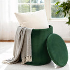 LITZFUR Round Ottoman with Storage, Velvet Foot Rest Stool, Green | Versatile Upholstered Vanity Stool, Padded Folding Storage Ottoman for Living Room, Bedroom and Dorm