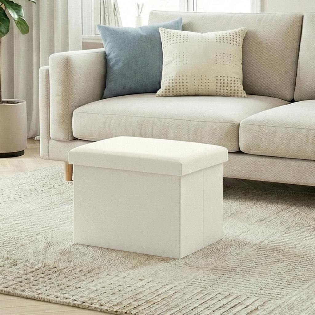 16.5" Folding Storage Ottoman, Linen Fabric Footstool with Padded Lid, Collapsible Storage Footrest for Small Space, Living Room, Bedroom, Dorm, Off White