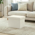 16.5" Folding Storage Ottoman, Linen Fabric Footstool with Padded Lid, Collapsible Storage Footrest for Small Space, Living Room, Bedroom, Dorm, Off White