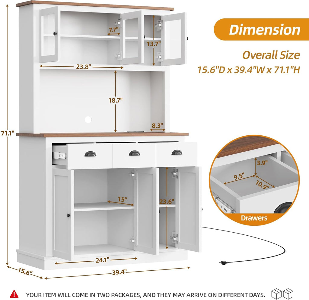 71" Kitchen Hutch with Charging Station, Tall Pantry Storage Cabinet with Microwave Stand, Adjustable Shelves, Slide Drawers, Large Buffet Pantry Cabinet for Kitchen, Dining Room, White