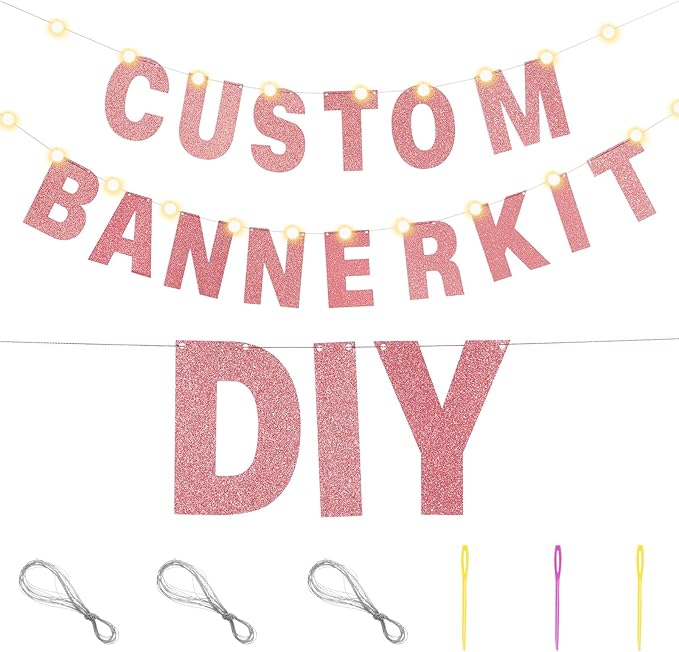 TaoBary 112 Pcs DIY Letter Kit Glitter Customizable Banner Letters Include 107 Letters and Numbers 3 Rope and 2 Needles for Birthday Halloween Christmas Wedding Valentine Party Decor(Rose Gold)