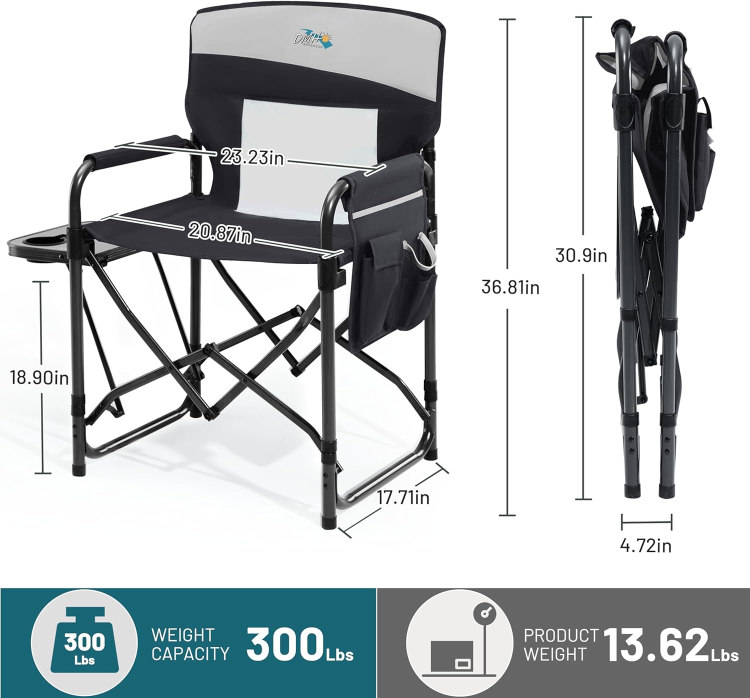 DMH OUTDOORS Camping Directors Chair with Side Table & Breeze Mesh Backrest | Oversized Heavy Duty Lawn Chairs with Pocket, 1-Step Setup Portable Folding Camp Chair for Beach, Sports, Fishing, Tailgating